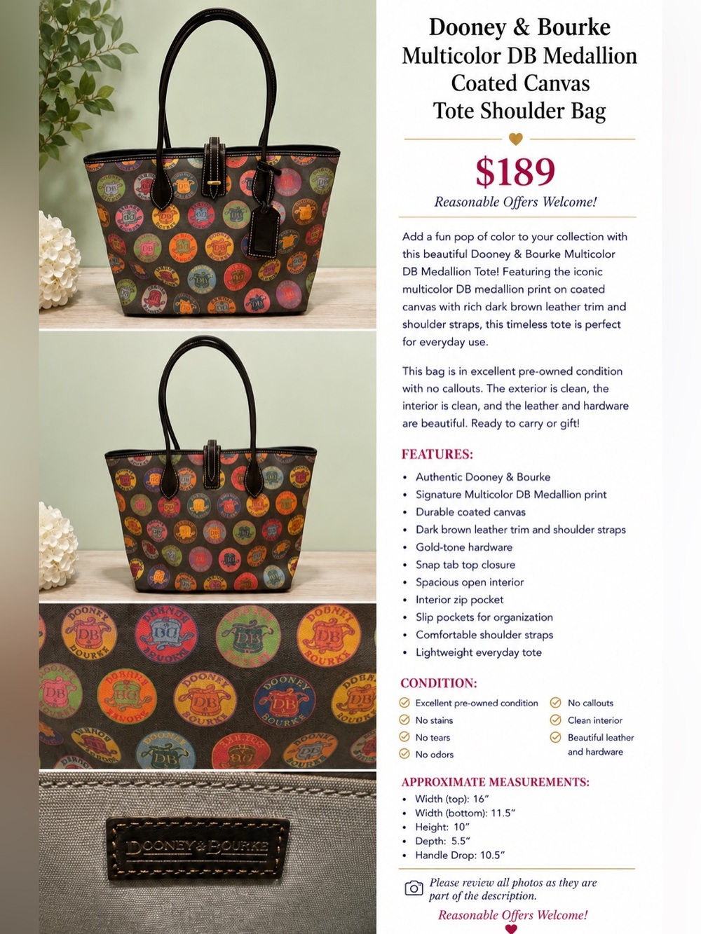 Dooney & Bourke Multicolor DB Medallion Coated Canvas Tote Shoulder Bag